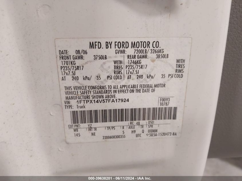 2007 Ford F-150 Fx4/Lariat/Xl/Xlt VIN: 1FTPX14V57FA17924 Lot: 39638201