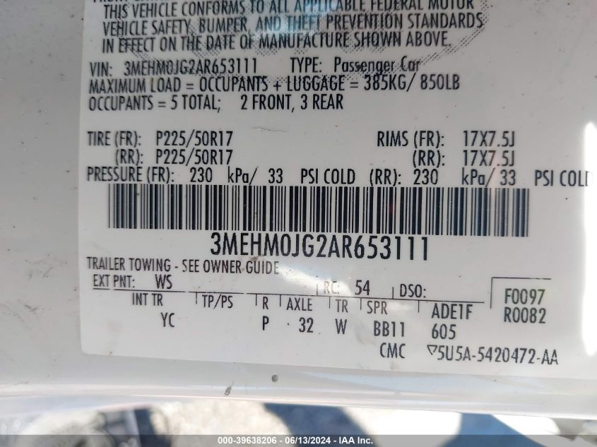 2010 Mercury Milan Premier VIN: 3MEHM0JG2AR653111 Lot: 39638206