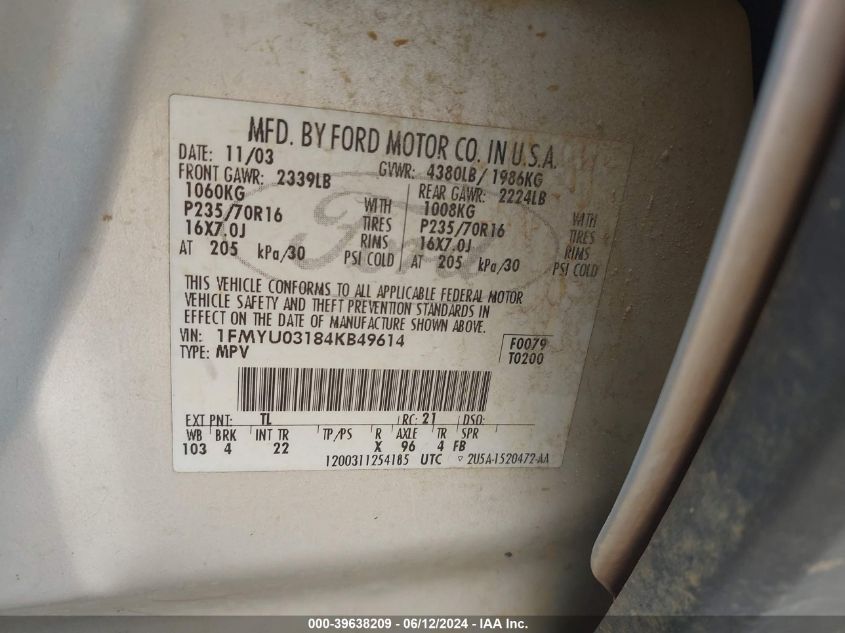 2004 Ford Escape Xlt VIN: 1FMYU03184KB49614 Lot: 39638209