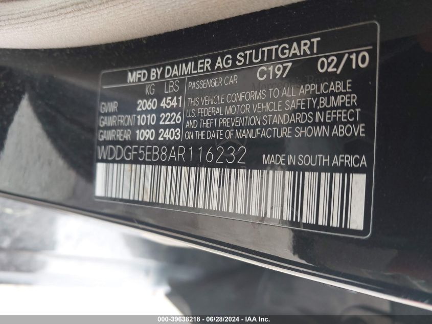 2010 Mercedes-Benz C 300 Luxury/Sport VIN: WDDGF5EB8AR116232 Lot: 39638218