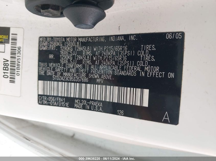 2005 Toyota Sienna Le VIN: 5TDZA23C95S357686 Lot: 39638220