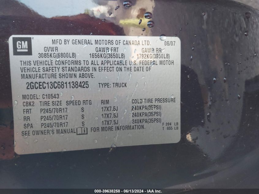 2008 Chevrolet Silverado 1500 Lt1 VIN: 2GCEC13C681138425 Lot: 39638258