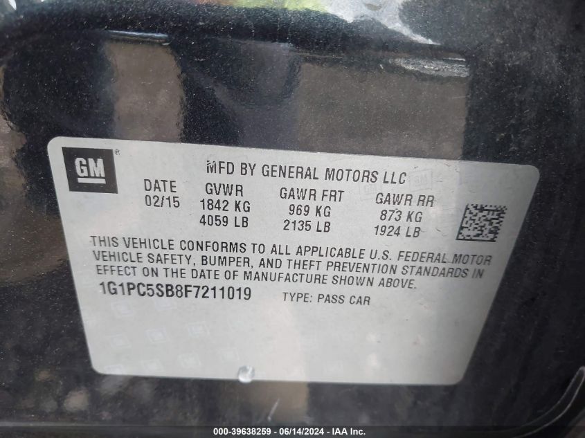 2015 Chevrolet Cruze 1Lt Auto VIN: 1G1PC5SB8F7211019 Lot: 39638259