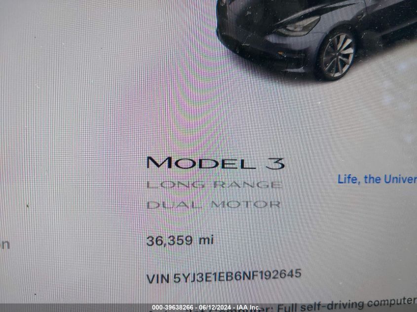 2022 Tesla Model 3 Long Range Dual Motor All-Wheel Drive VIN: 5YJ3E1EB6NF192645 Lot: 39638266