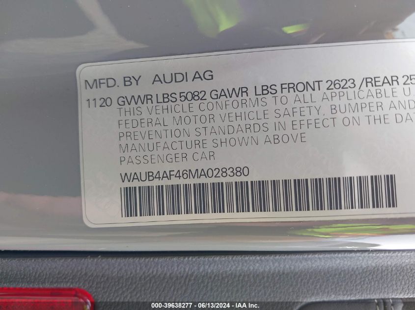 2021 Audi S4 Premium Plus Tfsi Quattro Tiptronic VIN: WAUB4AF46MA028380 Lot: 39638277