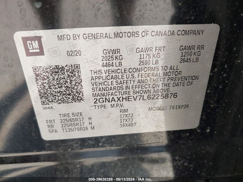2020 Chevrolet Equinox Fwd Ls VIN: 2GNAXHEV7L6225876 Lot: 39638289