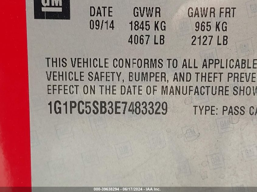 2014 Chevrolet Cruze 1Lt Auto VIN: 1G1PC5SB3E7483329 Lot: 39638294