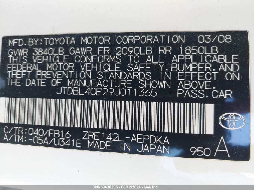 2009 Toyota Corolla Le VIN: JTDBL40E29J011365 Lot: 39638296