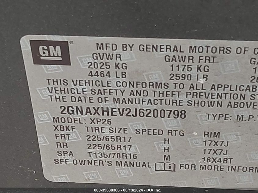 2018 Chevrolet Equinox Ls VIN: 2GNAXHEV2J6200798 Lot: 39638306