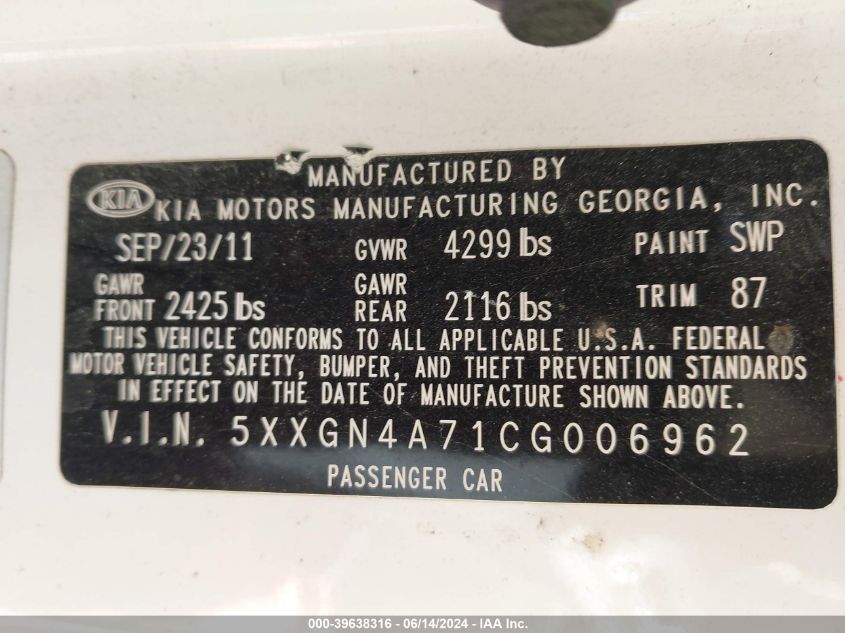 2012 Kia Optima Ex VIN: 5XXGN4A71CD006962 Lot: 39638316