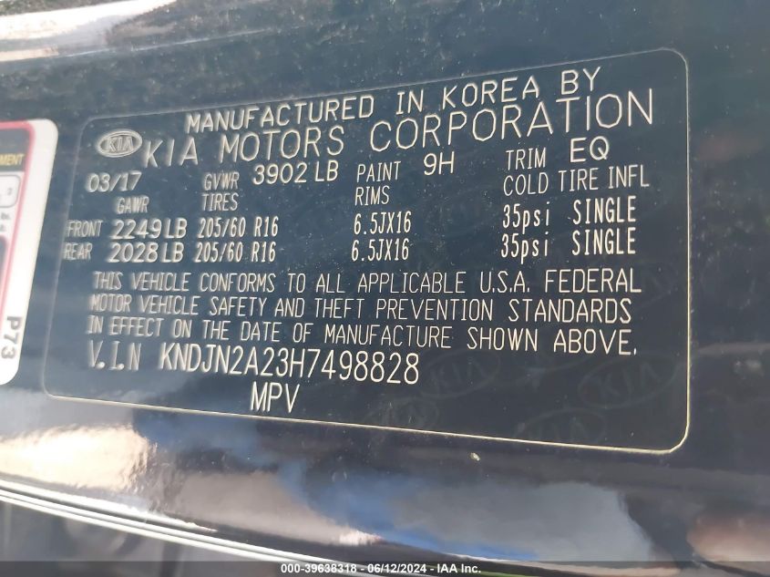 2017 Kia Soul VIN: KNDJN2A23H7498828 Lot: 39638318