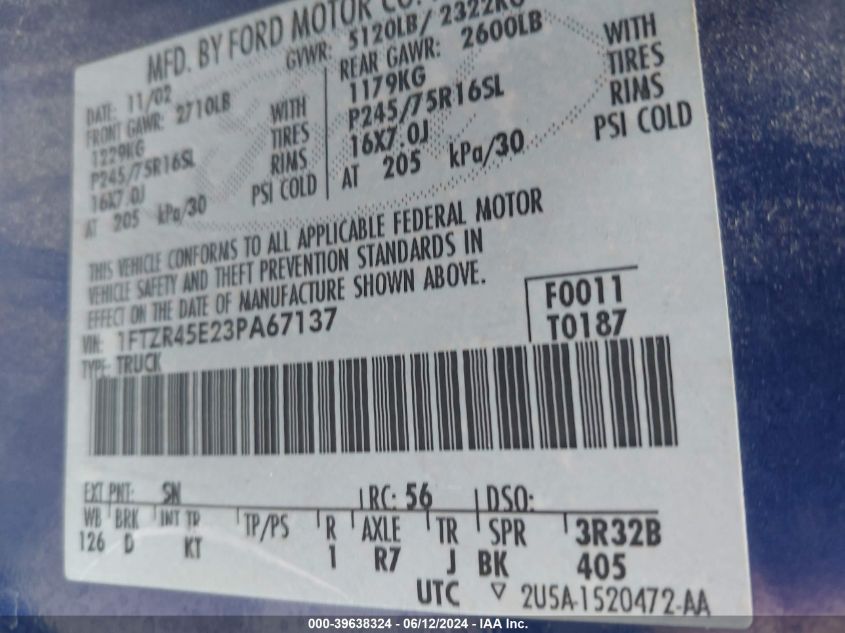 2003 Ford Ranger Edge/Xlt VIN: 1FTZR45E23PA67137 Lot: 39638324