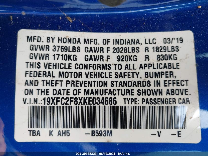 2019 Honda Civic Sport VIN: 19XFC2F8XKE034886 Lot: 39638329