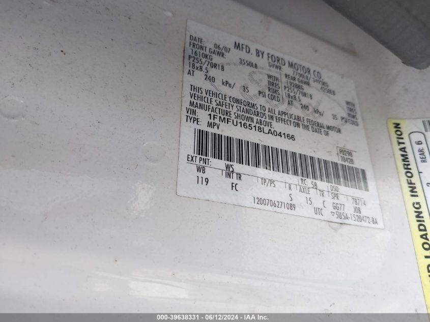 2008 Ford Expedition Xlt VIN: 1FMFU16518LA04166 Lot: 39638331