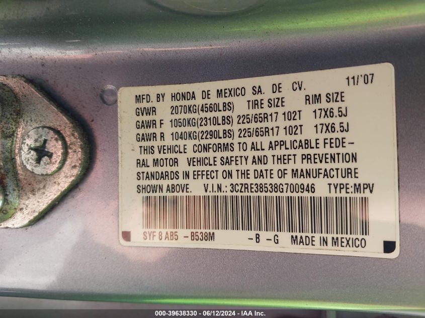 2008 Honda Cr-V Ex VIN: 3CZRE38538G700946 Lot: 39638330