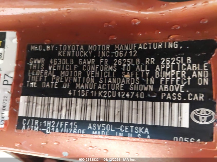 2012 Toyota Camry Se VIN: 4T1BF1FK2CU124740 Lot: 39638334