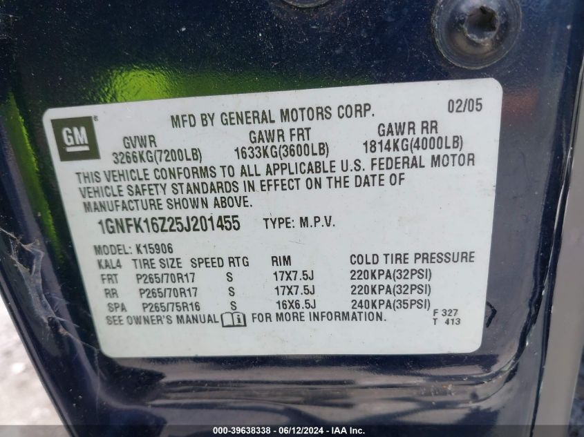 2005 Chevrolet Suburban 1500 Lt VIN: 1GNFK16Z25J201455 Lot: 39638338
