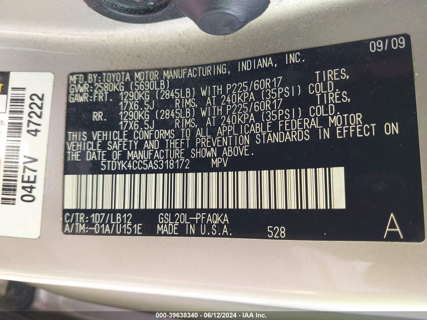 2010 Toyota Sienna Xle VIN: 5TDYK4CC5AS318172 Lot: 39638340