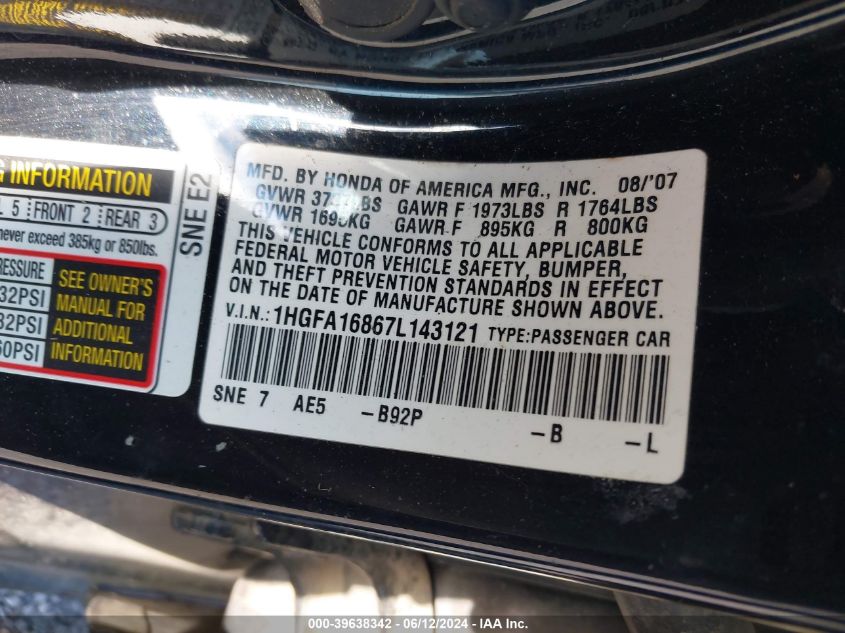 2007 Honda Civic Ex VIN: 1HGFA16867L143121 Lot: 39638342