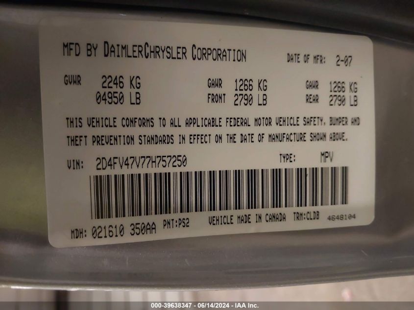2007 Dodge Magnum VIN: 2D4FV47V77H757250 Lot: 39638347