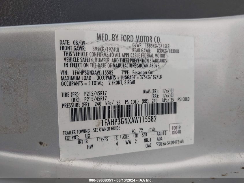 2010 Ford Focus Ses VIN: 1FAHP3GNXAW115582 Lot: 39638351