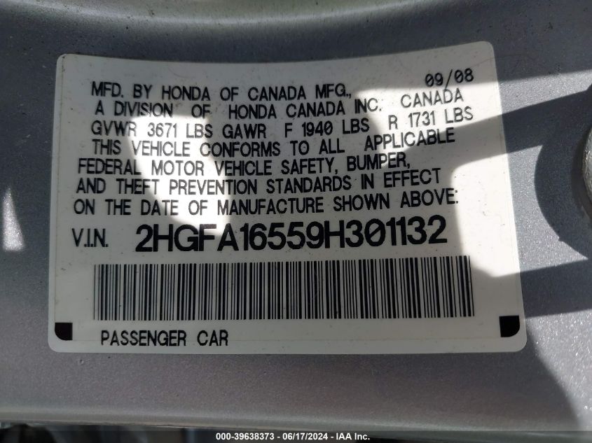 2009 Honda Civic Lx VIN: 2HGFA16559H301132 Lot: 39638373