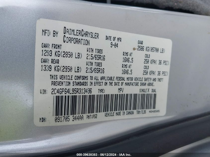 2005 Chrysler Town & Country Limited VIN: 2C4GP64L95R313496 Lot: 39638383