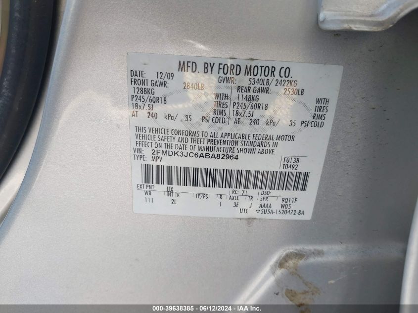 2010 Ford Edge Sel VIN: 2FMDK3JC6ABA82964 Lot: 39638385