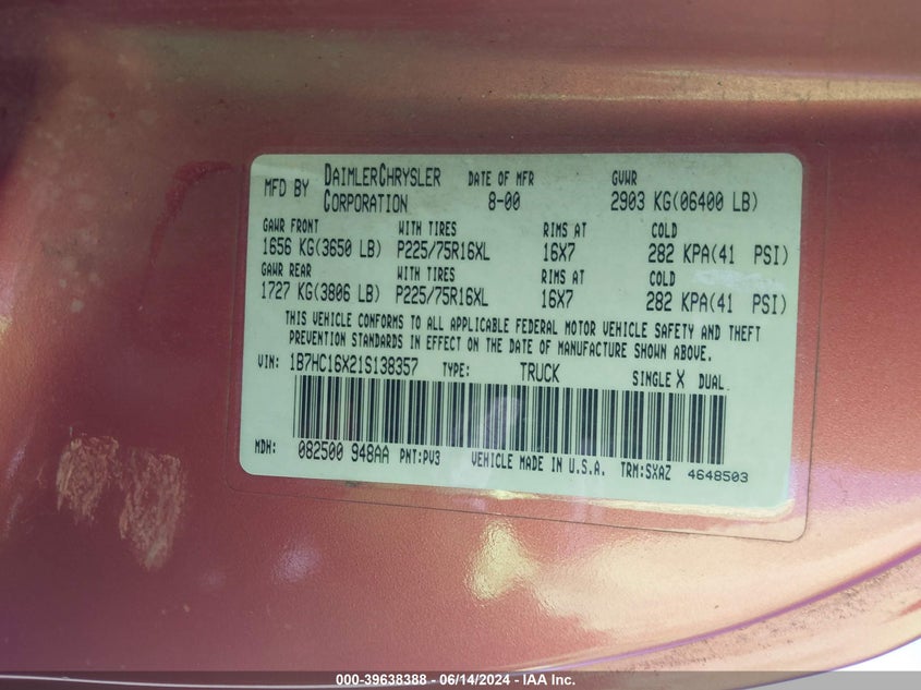 2001 Dodge Ram 1500 St/Ws VIN: 1B7HC16X21S138357 Lot: 39638388