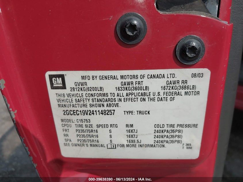 2004 Chevrolet Silverado 1500 Ls VIN: 2GCEC19V241148257 Lot: 39638390