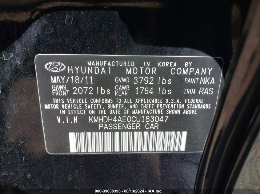 2012 Hyundai Elantra Gls (Ulsan Plant) VIN: KMHDH4AE0CU183047 Lot: 39638395