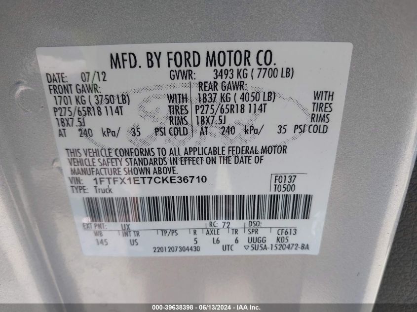 2012 Ford F-150 Xlt VIN: 1FTFX1ET7CKE36710 Lot: 39638398