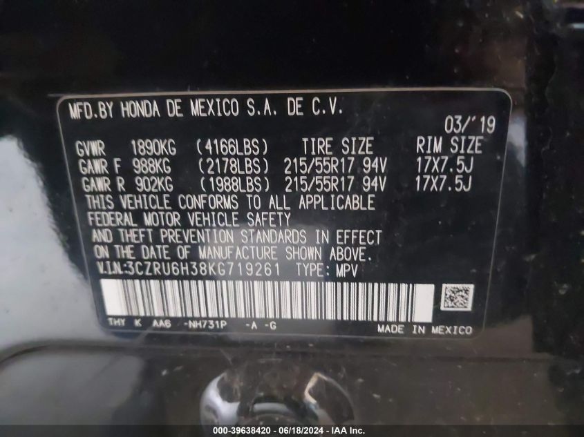 2019 HONDA HR-V LX - 3CZRU6H38KG719261