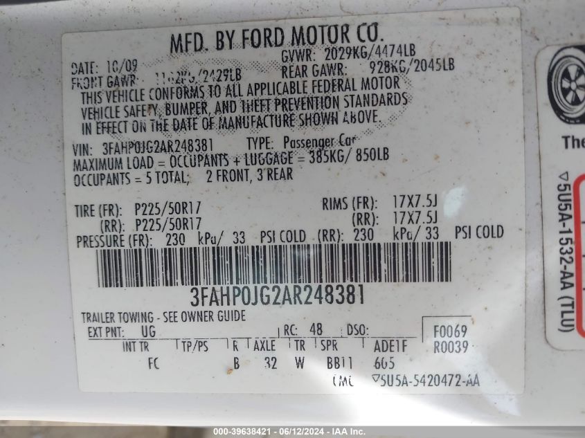 2010 Ford Fusion Sel VIN: 3FAHP0JG2AR248381 Lot: 39638421