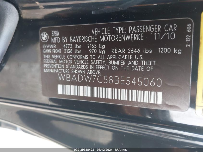 2011 BMW 328I VIN: WBADW7C58BE545060 Lot: 39638422