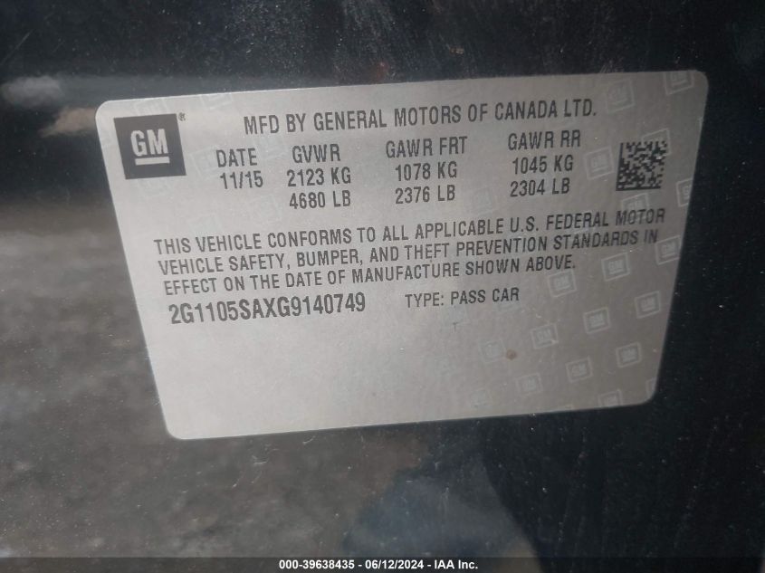 2016 Chevrolet Impala 1Lt VIN: 2G1105SAXG9140749 Lot: 39638435