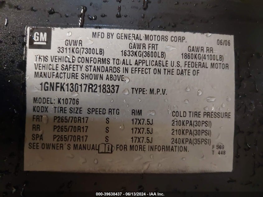 2007 Chevrolet Tahoe Lt VIN: 1GNFK13017R218337 Lot: 39638437