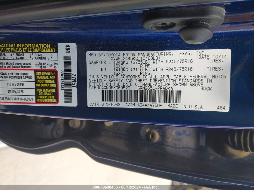 2015 Toyota Tacoma Prerunner V6 VIN: 5TFJU4GN0FX069529 Lot: 39638438