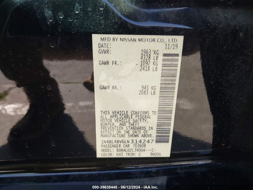 2020 Nissan Altima S Fwd VIN: 1N4BL4BV6LN314247 Lot: 39638448