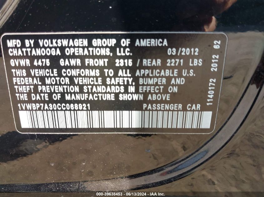2012 Volkswagen Passat 2.5L Se VIN: 1VWBP7A30CC068921 Lot: 39638453