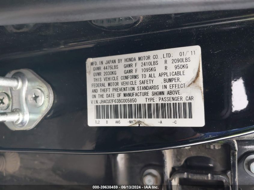 2011 Acura Tsx 2.4 VIN: JH4CU2F63BC005850 Lot: 39638459