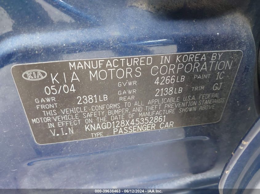 2004 Kia Optima Ex V6/Lx V6 VIN: KNAGD128X45352861 Lot: 39638463