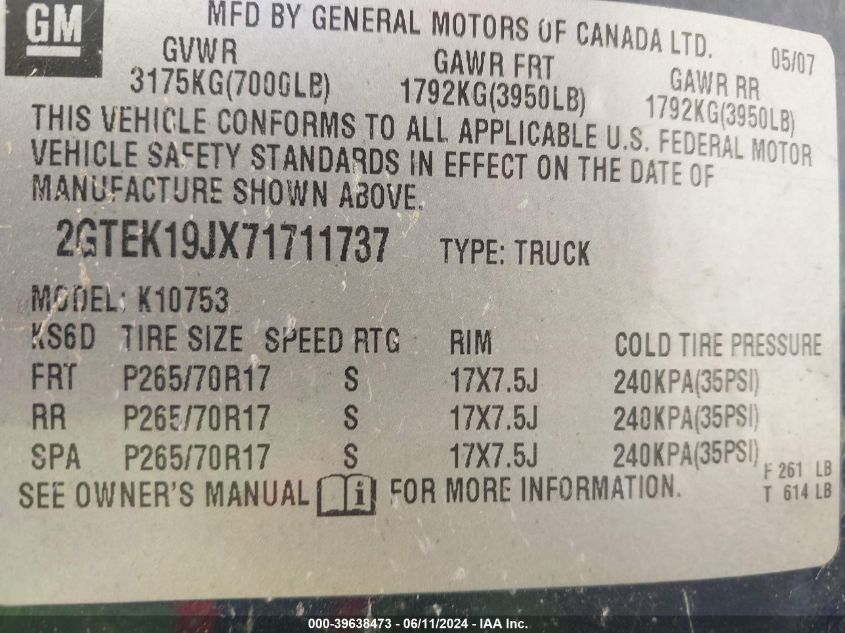 2007 GMC Sierra 1500 Sle1 VIN: 2GTEK19JX71711737 Lot: 39638473