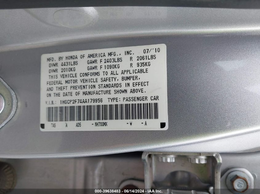 2010 Honda Accord 2.4 Ex VIN: 1HGCP2F74AA179956 Lot: 39638483
