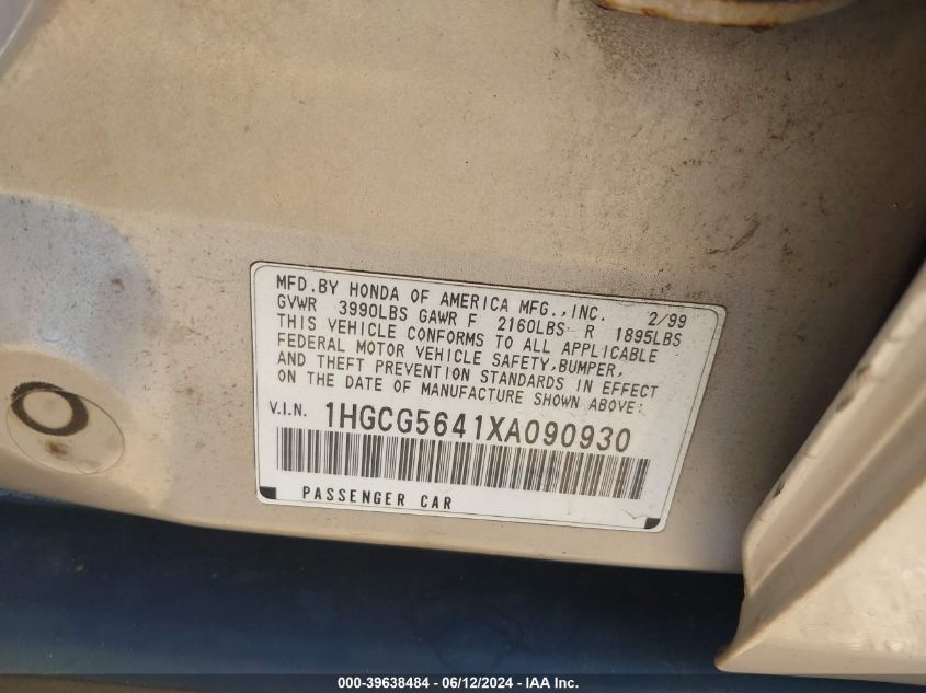1999 Honda Accord Lx VIN: 1HGCG5641XA090930 Lot: 39638484