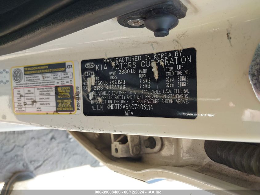 2012 Kia Soul ! VIN: KNDJT2A64C7403114 Lot: 39638486
