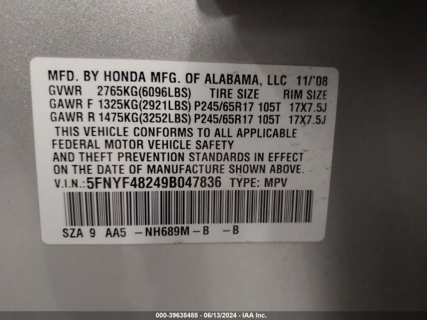 2009 Honda Pilot Lx VIN: 5FNYF48249B047836 Lot: 39638488