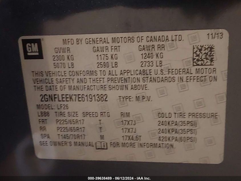 2014 Chevrolet Equinox Ls VIN: 2GNFLEEK7E6191382 Lot: 39638489