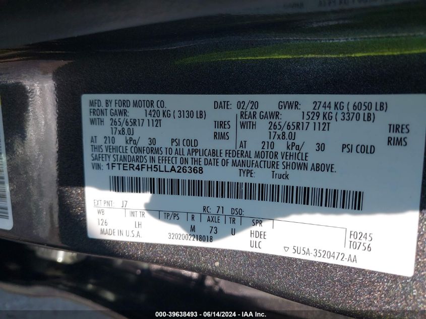 2020 Ford Ranger Xlt VIN: 1FTER4FH5LLA26368 Lot: 39638493