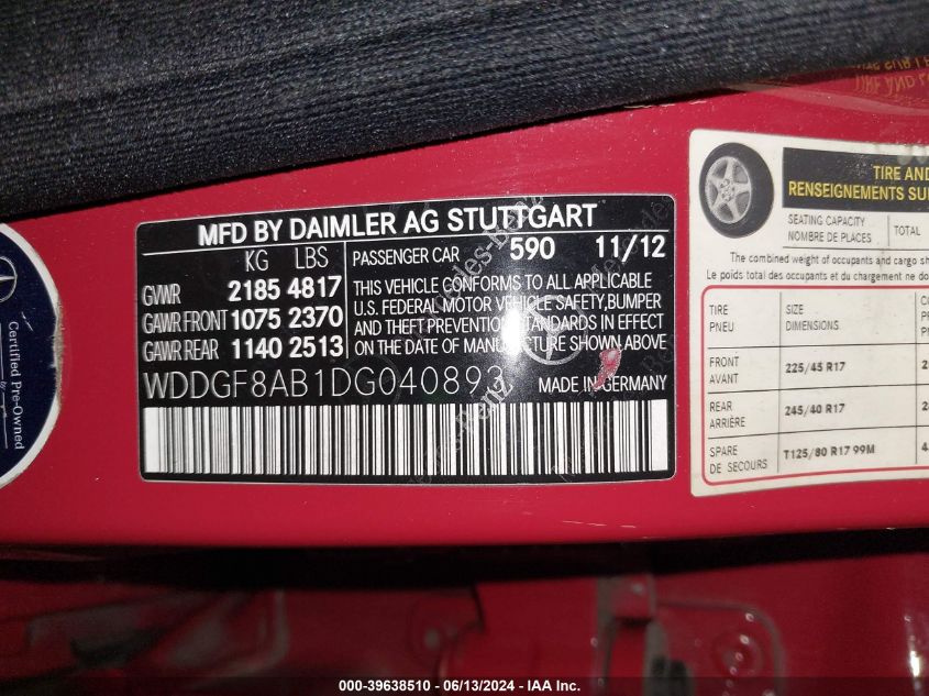 2013 Mercedes-Benz C 300 Luxury 4Matic/Sport 4Matic VIN: WDDGF8AB1DG040893 Lot: 39638510